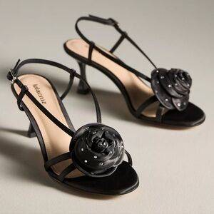 NWT Anthropologie Lola Cruz Rosebud Floral Coquette Black Strappy Heels